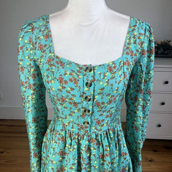 Chelsea & Violet Small Long Sleeve Aqua Cottage Core Dress Prairie Floral Mini - Picture 5 of 12
